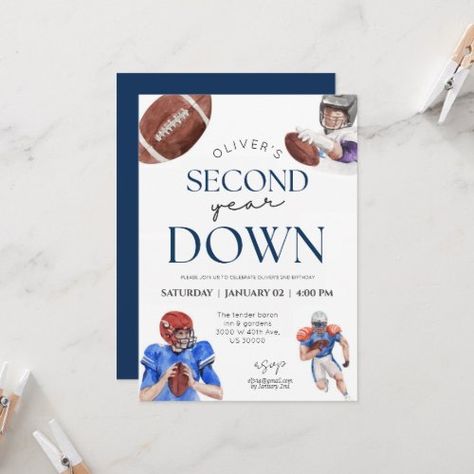 Second Year Down Football Theme Boy 2Nd Birthday Invitation #zazzle #weddinginvitations #birthdayinvitations #babyshowerinvitations #zazzleinvitations #monogram #businesscards #graduation #homedecor Two Year Old Sports Birthday Party, Baby Boy 2nd Birthday Ideas, Boy Second Birthday, Sports Party Invitations, Second Birthday Boys, Football Party Invitations, Football Birthday Invitations, Boy 2nd Birthday, One Cool Dude