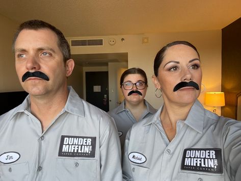 The Office Dress Up Party, The Office Characters Costumes, The Office Family Halloween Costumes, Mustache Costume Ideas, Halloween Costumes The Office, The Office Costume Ideas, Dwight Costume, The Office Halloween Costumes, Toby The Office