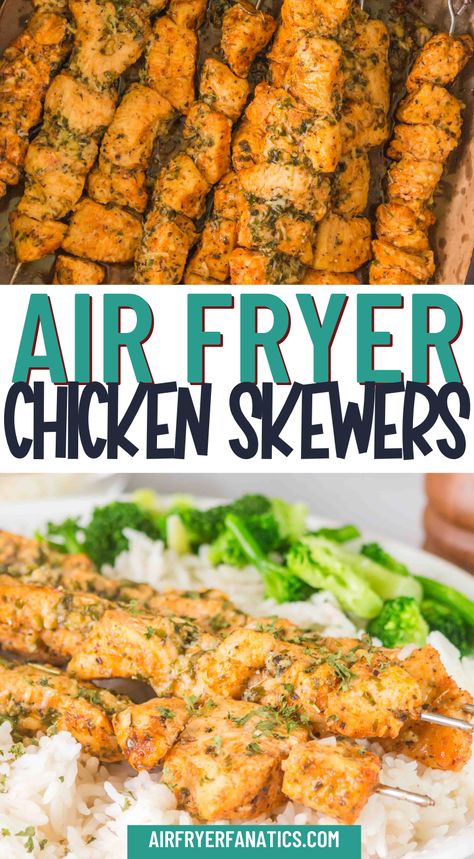 Perfectly juicy and packed with flavor, these Air Fryer Garlic Butter Chicken Skewers are an easy, delicious meal idea! Tender chicken marinated in a buttery garlic sauce, then cooked to golden perfection in the air fryer in just 20 minutes. Great for weeknight dinners, meal prep, or a quick appetizer! Serve with rice, salad, or in wraps for a tasty, versatile dish the whole family will love. Chicken Skewers In Air Fryer, Skewers In Air Fryer, Butter Chicken Skewers, Air Fried Eggplant, Wings Airfryer, Thai Chicken Skewers, Buttery Garlic Sauce, Healthy Air Fryer Chicken, Sliced Eggplant