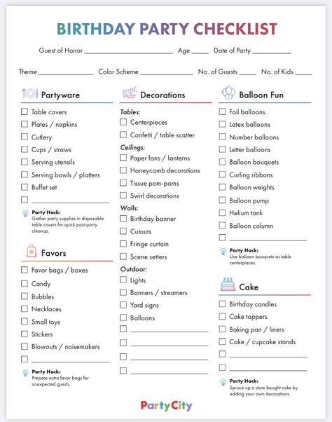 Party Supply List Checklist, Party Checklist Supplies, Party Decor Checklist, Bday Checklist, Birthday Party Supplies Checklist, Birthday Plan Ideas, Party Supplies Checklist, Birthday Party Planning Checklist, Birthday Checklist