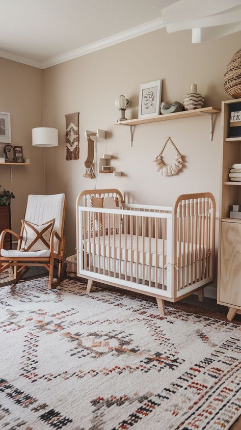 Nursery With Desk, Boho Gender Neutral Nursery, Simple Baby Girl Nursery, Minimalist Nursery Ideas, Modern Baby Girl Nursery, Girls Nursery Ideas, Small Nursery Decor, Baby Girl Boho Nursery, Girly Nursery Ideas