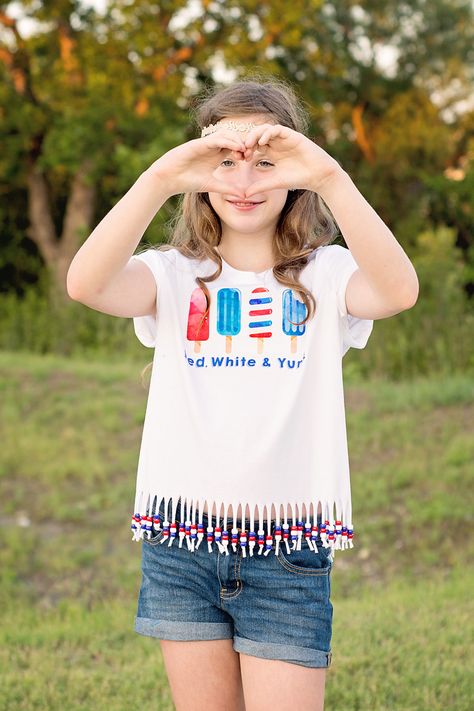 How to make a beaded-fringe t-shirt Tshirt Fringes Diy, Fringe Shirt With Beads, Beaded Fringe Shirt Diy, Diy Fringe Shirt With Beads, How To Bead A Shirt, How To Make A Fringe Shirt, Tshirt Beading Ideas, How To Fringe A Tee Shirt, Bead Shirt Diy