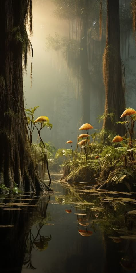 Bayou Wallpaper: Captivating Scenes from the Wetlands Fantasy Forest, Fantasy Art Landscapes, Forest Fairy, 판타지 아트, Fantasy Inspiration, Nature Aesthetic, Scenery Wallpaper, Fantasy Landscape, Fantasy World