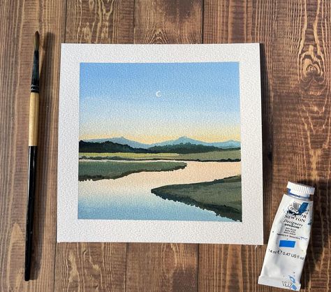 Painting Of A Painting, Sea Gouache Painting, Simple Gouache Landscape, Gouache Simple, Guache Paintings Easy, Gouache Easy, Simple Landscape Paintings, Simple Gouache Painting, Mini Landscape Paintings