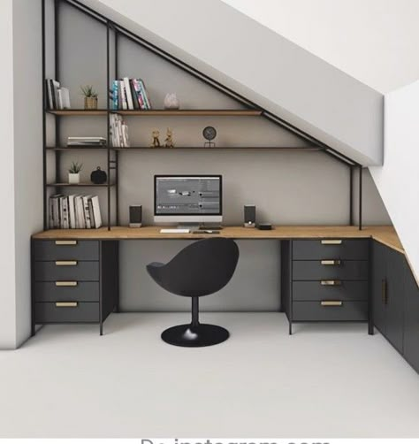 Study Room Under Staircase, Desk Under Eaves, Under Stairs Workspace, Study Under Stairs, Under Stairs Office Space, Under Stairs Desk Ideas, Understairs Office Ideas, Office Under Staircase, Slanted Ceiling Office