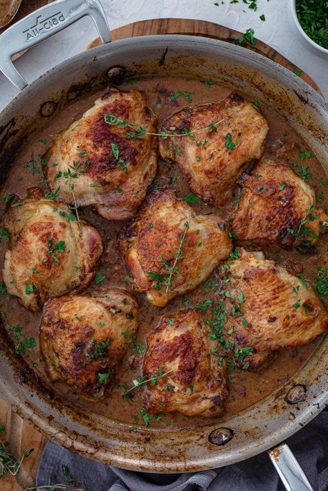 French Mustard Chicken, Chicken Mustard, Chicken Poulet, Braising Recipes, Mustard Chicken Thighs, French Mustard, Mustard Chicken Recipes, Braised Chicken Thighs, Creamy Mustard Sauce