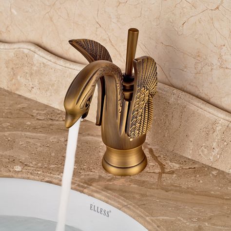 Antique Brass Swan Shape Bathroom Vessel Sink Faucet Deck Mount Mixer Taps Single Handle Antique Brass Bathroom Fixtures, Brass Bath Faucet, Spare Room Walk In Closet, Brass Bathroom Fixtures, Antique Brass Bathroom, Brass Swan, Vessel Sink Faucet, Brass Bathroom, Brass Faucet