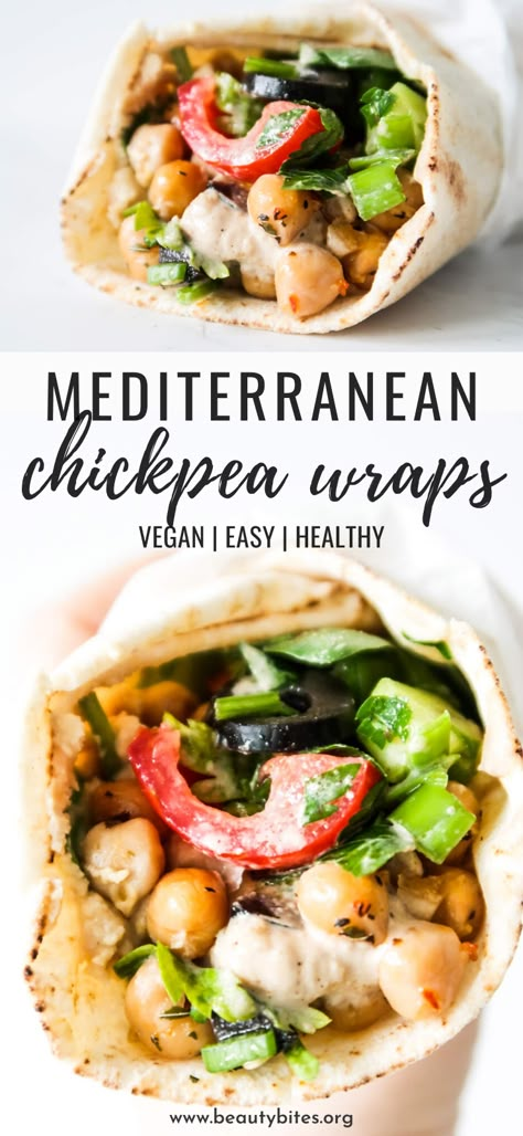 Mediterranean Chickpea Wraps (Meal Prep Option) - Beauty Bites Vegan Chickpea Recipes, Mediterranean Chickpea, Beauty Bites, Easy Mediterranean Diet Recipes, Mediterranean Meals, Chickpea Recipes, Makanan Diet, Vegan Meal Prep, Mediterranean Food