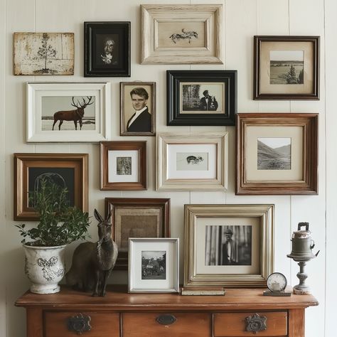 Photo Cluster Wall, Family Photo Picture Wall, Vintage Photo Collage Ideas, Family Picture Frame Ideas, Family Photo Wall Ideas Living Rooms, Gallery Wall Family Pictures, Antique Photo Wall, Frames Family Photos, Wall Photo Frame Ideas