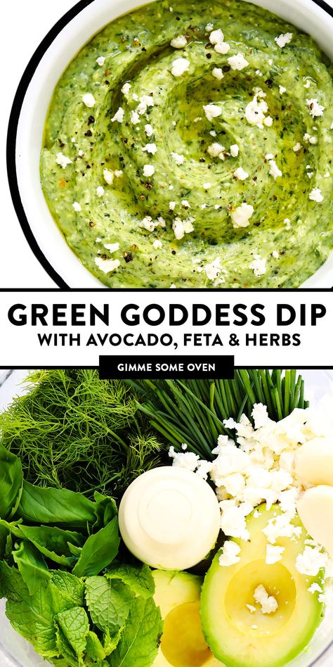 This Green Goddess Feta Dip recipe is packed with tons of fresh herbs (basil, mint, dill), creamy avocado, and lots of tangy lemon and feta.  Serve it up with crusty bread, veggies, crackers or any of your favorite dippers! | gimmesomeoven.com #greengoddess #avocado #dip #spread #summer #feta #cheese #vegetarian #glutenfree #appetizer #mediterranean Bread Dips Recipes, Avocado Appetizer, Avocado Dip Recipe, Green Goddess Dip, Office Lunches, Inflammation Foods, Feta Cheese Recipes, Dips Recipes, Delicious Dips Recipes