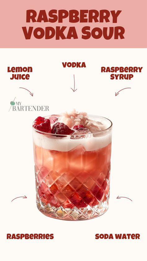 Raspberry  Vodka Sour Vodka Sour Recipe, Vodka Sour, Bartender Drinks Recipes, Bartender Drinks, Pretty Alcoholic Drinks, Cocktail Drinks Alcoholic, Raspberry Vodka, Mixed Drinks Alcohol, Yummy Alcoholic Drinks