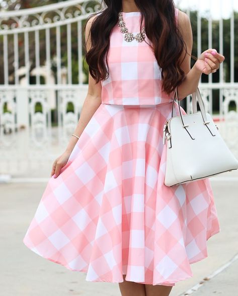 Pink Check Crop Top and Skirt Set, Easter outfit idea, pink gingham skirt. spring outfit idea, what to wear for Easter, petite fashion blog - click the photo for outfit details! Skirt And Top Outfits, Crop Top Skirt Set, Top And Skirt Set, Skirt And Top Set, Top Skirt Set, Classy Dress Outfits, Dress Indian Style, Crop Top Outfits, Stylish Dress Designs