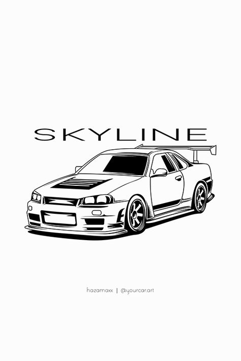 Jdm Car Outline Drawing, Nissan Skyline Gtr R34 Tattoo, Skyline Gtr R34 Drawing Easy, Cool Cars Drawings, Nissan R34 Drawing, Nissan Gtr Art, Nissan Gtr R34 Drawing, Skyline Drawing Car, Nissan Gtr Skyline Drawing