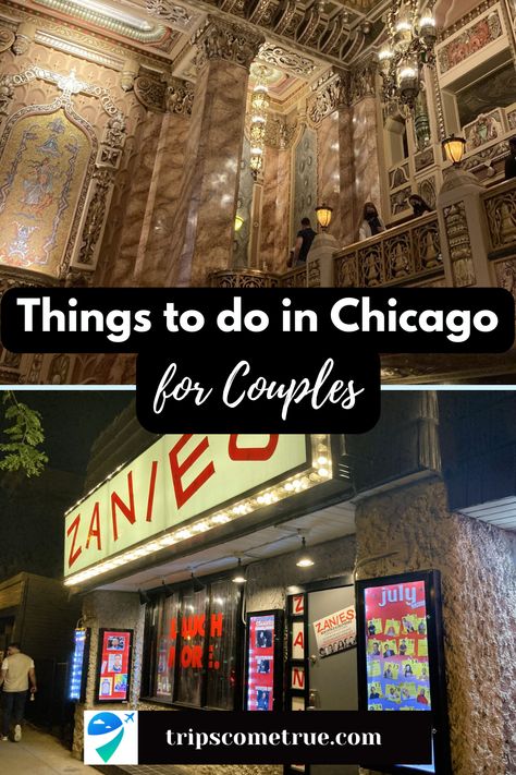 Looking for the most romantic things to do in Chicago for couples? Click here for a list of 10 ways to connect with your partner that goes beyond the typical date night checklist. From spectacular plays in the Chicago Theatre District to long walks along Lake Michigan to sharing a laugh at Zanies Comedy Club, this list showcases the best of Chicago food, nature arts, and culture. Don't forget to save it for your next visit to the Windy City! Romantic Chicago Weekend, Chicago Romantic Getaway, Date Night In Chicago, Chicago Bucket List Things To Do, Fun Things To Do In Chicago, Chicago Honeymoon, Chicago Date Ideas, Date Ideas Chicago, Chicago Date Night