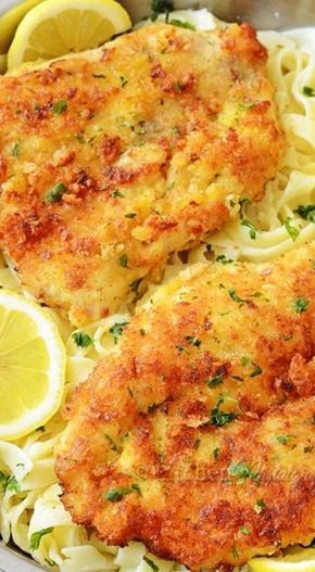 Romano Chicken with Lemon Garlic Pasta Romano Chicken, Garlic Pasta Recipe, Lemon Garlic Pasta, Chicken With Lemon, Chicken Entrees, Garlic Pasta, Turkey Dishes, Fettuccine Alfredo, Chicken Meals