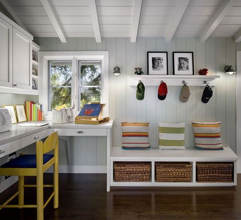 Bright pops of color in the mudroom seem even more attractive thanks to the gray backdrop 10 Versatile Mudrooms that Double as Home Workspaces Indoor Ideas, Desk Layout, Mudroom Design, Kids' Desk, Bedroom Desk, Built In Desk, Desk Design, Design Typography, Boy's Bedroom