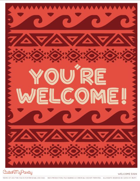 Free Moana Printables Welcome sign | CatchMyParty.com Moana Welcome Party Sign, Moana Printables, Moana Bedroom, Moana Room, Moana Decorations, Moana Jr, Moana Birthday Party Ideas, Moana Party Ideas, Moana Birthday Party Theme