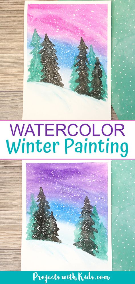 This simple winter watercolor art project is stunning and a great painting idea for older kids and tweens! A fun winter project with an easy to follow tutorial. #projectswithkids #winterart #kidsart #watercolorpainting Winter Art For Kids, January Art, Winter Art Lesson, Christmas Art Projects, Winter Art Projects, 4th Grade Art, Winter Watercolor, Winter Project, Elementary Art Projects