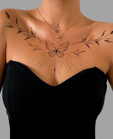 Chest Tattoo Designs Female, Chest Neck Tattoo, Neck Tattoo Ideas, Clavicle Tattoo, Stomach Tattoos Women, Necklace Tattoo, Throat Tattoo, Anklet Tattoos, Neck Tattoos Women