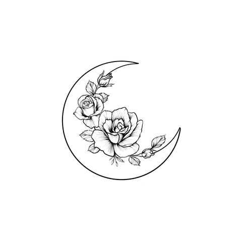 Luna Rose Tattoo, Moon And Rose Drawing, Rose Moon Tattoo Design, Crescent Moon And Rose Tattoo, Roses And Moon Tattoo, Flower And Moon Tattoo Designs, Rose And Moon Tattoo Design, Red Crescent Moon Tattoo, Waning Crescent Tattoo