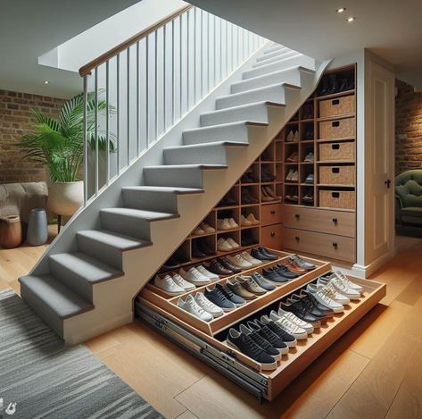 Shoe Storage Under Stairs, Staircase In Living Room, Under Stairs Storage Solutions, تحت الدرج, Staircase Interior Design, Home Library Rooms, Staircase Design Modern, Stairs Design Interior, Stairs In Living Room