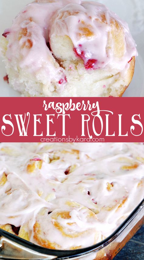 Switch out your classic cinnamon roll for these deliciously yummy raspberry rolls. These sweet rolls are perfect for brunch or as a dessert. Homemade raspberry frosting makes them extra irresistible! #raspberryrolls #sweetrolls #raspberrysweetrolls #raspberryfrosting -Creations by Kara Raspberry Rolls Recipe, Raspberry Sweet Rolls, Raspberry Rolls, Sweet Rolls Recipe, Raspberry Frosting, Dessert Homemade, Sweet Roll Recipe, Magic Recipe, Bulk Food