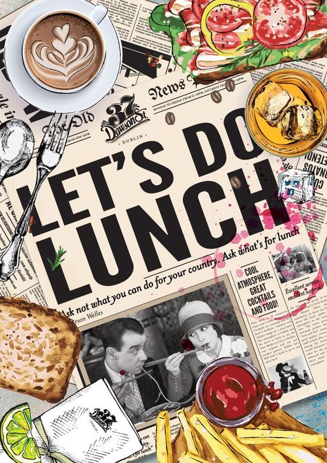 Lunch at 37 Dawson St Food Advertisment Poster, Lunch Graphic Design, Food Collage Poster, Food Ads Design Advertising Poster, Collage Ads Design, Vintage Restaurant Poster, Food Competition Poster, Lunch Poster Design, Brunch Creative Ads