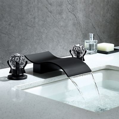 Deck Mount Widespread Waterfall 2 Crystal Handle Bathroom Sink Faucet in Black Bathroom Faucets Black, Bathroom Basin Taps, Bathroom Faucets Waterfall, Interior Design Per La Casa, Bad Inspiration, Crystal Knobs, Bathroom Inspiration Decor, Bathroom Design Luxury, Dream Bathrooms