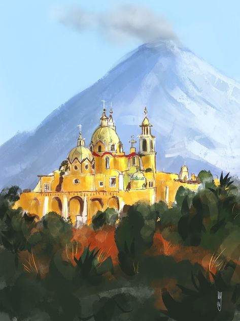 Mexico Painting, Mexican Landscape Painting, Nayarit Mexico Art, Mexican Village Paintings, New Mexico Watercolor, Guanajuato Mexico Painting, Sante Fe, Mexican Culture Art, Rose Gold Wallpaper