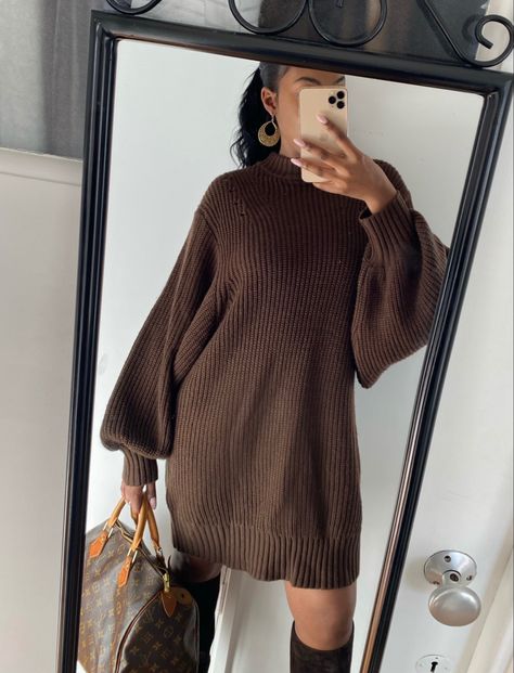 Brown dramatic sleeve jumper dress #fallfashion #autumnstyle #jumperdress #style #winter Jumper Dress And Boots, Brown Jumper Dress, Cable Knit Jumper Dress, Knit Jumper Dress, New Style Ideas, Wooly Jumper, Brown Jumper, Dramatic Sleeves, Knitted Jumper Dress