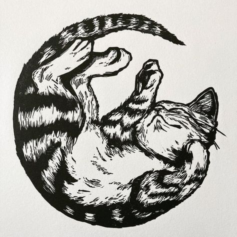 Cat Engraving Illustration, Woodcut Cat Tattoo, Cat Related Tattoos, Striped Cat Tattoo, Lino Print Cat, Cat Printmaking, Cat Lino Print, Cat Woodcut, Cool Cat Tattoos