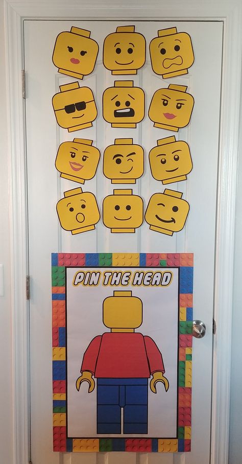 Pin the head on the Lego man game. Lego birthday party Lego Classroom Theme, Lego Party Games, Lego Party Decorations, Lego Classroom, Lego Friends Birthday, Ninjago Birthday Party, Lego Themed Party, Lego Party Ideas, Ninjago Birthday