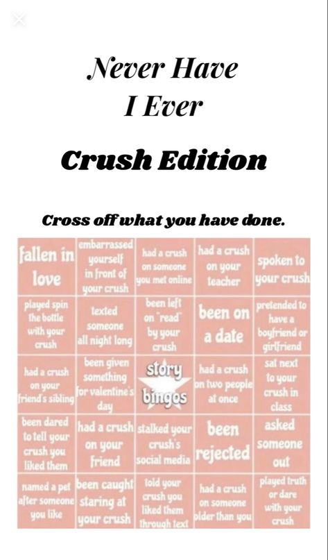 This is not my challange but I added the tittle at the top and posted it so others could use it. I’m not sure who made it originally but if you know I’m happy to give credit! :) Never Have I Ever Questions, Crush Questions, Instagram Story Questions, Bingo Template, Questions For Friends, Online Teachers, Never Have I Ever, Your Crush, Having A Crush