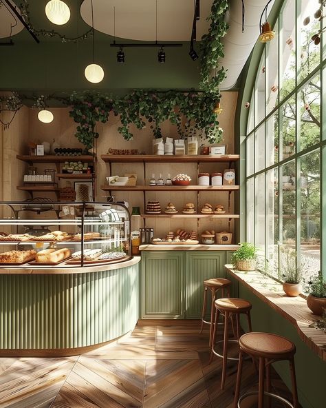 Pastry Restaurant Design, Bakery Island Display, Vintage Italian Coffee Shop, Open Concept Coffee Shop, New York Coffee Shop Interior, Idea For Coffee Shop Design, Cafe Front Counter, Green House Coffee Shops, Local Bakery Aesthetic