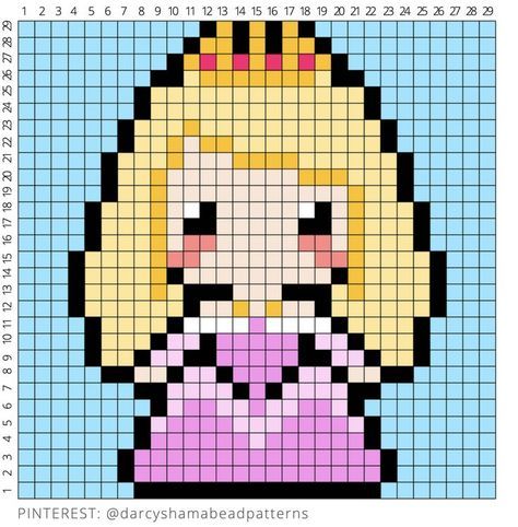 Pixel Art Pattern Princess, Perler Bead Patterns Princess, Pixel Crochet Disney, Pixel Art Pattern Disney Princesses, Aurora Cross Stitch, Disney Princess Pixel Art Grid, Disney Princess Hama Beads, Pixel Drawing Disney, Sleeping Beauty Cross Stitch