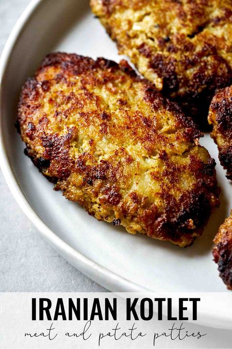 Kotlet are a Persian version of meat and potato patties, usually served with rice or pita bread. This recipe from my grandmother is packed with flavors from cumin and onion - delicious served hot or cold! #persianfood #kotlet #persian Persian Food Iranian Cuisine, Iranian Recipes, Pudding Chia, Iranian Cuisine, Middle East Recipes, Potato Patties, Persian Cuisine, Iranian Food, Eastern Cuisine