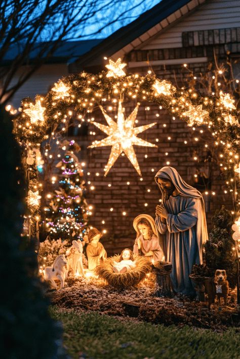 21 Stunning Outdoor Christmas Lights Ideas Outdoor Christian Christmas Decorations, Nativity Outdoor Decor, Outdoor Christmas Lights Ideas, Christian Christmas Decorations, Tennessee Christmas, Ideas For New Year, Outdoor Nativity Scene, Rustic Wreaths, Christmas Lights Ideas