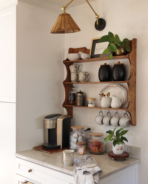 #ad | Obsessed with how my new coffee station turned out, especially with the vintage shelf! But I couldn’t have hung it well without the help of my @zircontools StudSensor HD55! 🙌 SWIPE to see the process and final reveal! ☕️ No more guessing, no extra holes—just precise, secure hanging every time! Get the Zircon StudSensor HD55 with Bonus Pocket Level at @homedepot —#linkinbio would make a great gift for the holidays🎁 #HD55 #Zircon #StudFinder #StudSensor #DIY #DIYProjects #DIYtutor... Coffee Bar Pantry Ideas, How To Display Coffee Mugs, Coffee Shelf Ideas, Coffee Station Shelf, Teapot Shelf, Coffee Bar Shelves, 2025 Aesthetics, Coffee Shelf, Coffee Cabinet