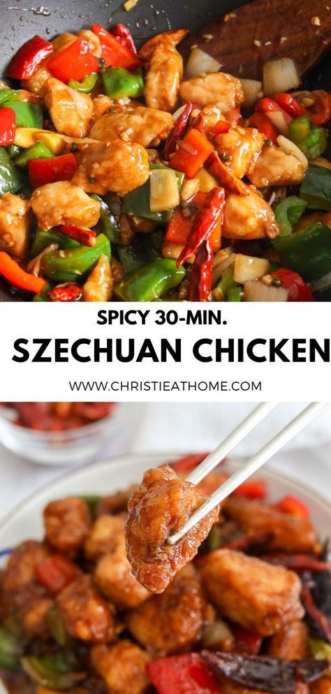 Szechuan Chicken. Fried chicken tossed in a sweet, savory sauce with spicy flavors and Szechuan peppercorns for a mouth-tingling sensation. A Chinese dish with bold flavors ready in 30 minutes! Scezhwan Chicken, Sezuan Chicken, Spicy Chinese Recipes, Sichuan Pepper Recipes, Spicy Chinese Food Recipes, Chinese Takeaway Recipes, Szechuan Chicken Recipe, Real Chinese Food Recipes, Chicken Chinese Recipes