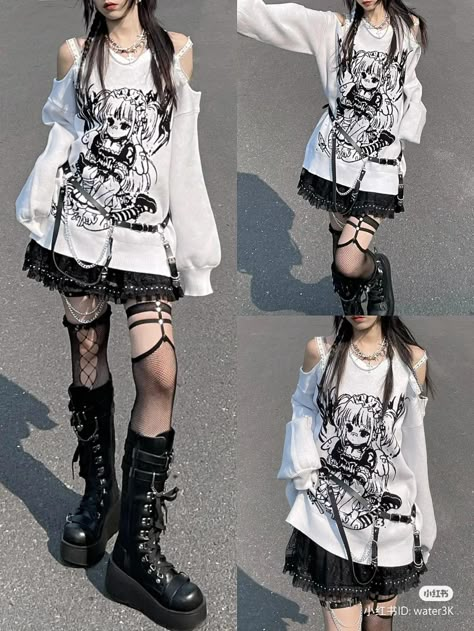 Archive Japanese Fashion, Emo Y2k Grunge Outfits, Y2k Fashion Female, Black Cat Aesthetic Outfit, Gamer Aesthetic Outfit, Ouji Fashion Female, Dark Harajuku Fashion, Korean Goth Fashion, Goth Kawaii Outfits