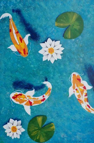 Coy Pond Drawing, Coi Pond Drawing, Aquatic Life Painting, Koi Pond Illustration, Koi Fish Digital Art, Koi Fish With Lilly Pads Drawing, Koi Fish Pond Drawing, Koi Pond Drawing, Koi Fish Pond Painting