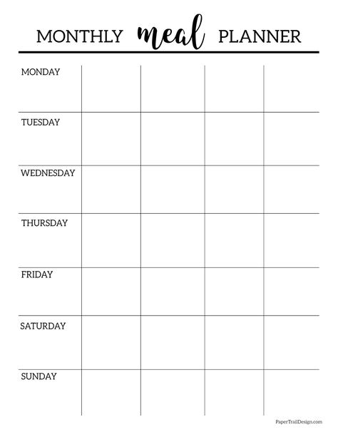 Use the free printable monthly meal planner template to stay on budget and have a meal plan each night for dinner. Monthly Meal Planner Template, Printable Meal Planner Monthly, Monthly Menu Planner, Meal Planning Printable Templates, Menu Planner Printable, Meal Calendar, Paper Trail Design, Meal Planner Printable Free, Dinner Planner