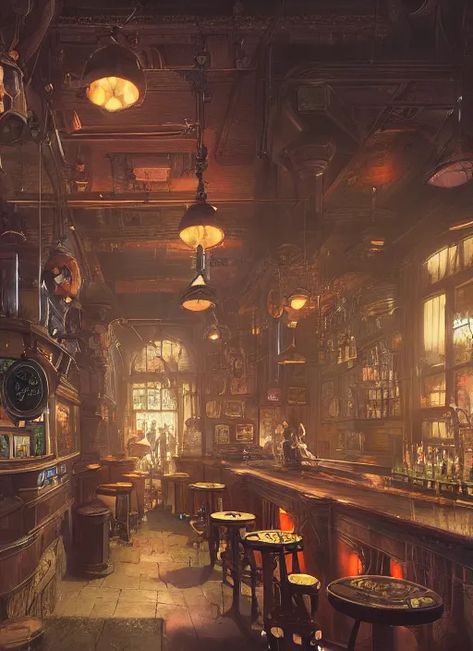 Bootlegger Aesthetic, Steampunk Bar Design, Speakeasy Art, Steampunk Lab, Steampunk Cafe, Steampunk Magic, Steampunk Workshop, Steampunk Bar, Steampunk City