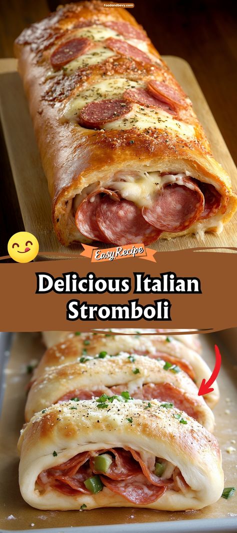 Savor the flavors of Italy with an Italian Stromboli, rolled bread stuffed with salami, ham, cheese, and pepperoni, then baked until golden. Perfect for slicing and sharing, this dish is a fantastic choice for gatherings or a filling family meal. #ItalianStromboli #BakedGoodness #HeartyMeals Italian Dinner Night Ideas, Stamboli Recipes, Ham Stromboli Recipe, Italian Calzone Recipe, Stuffed Italian Bread Recipes, Pizza Stromboli Recipe Easy, Rueben Stromboli, Italian Stromboli Recipe Easy Pillsbury, Stromboli Recipe Easy Pillsbury