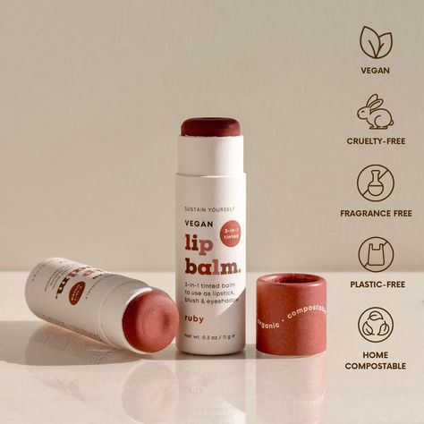 Vegan 3-in-1 Tinted Lip Balm - single Lip Balm Product Shoot, Chapstick Product Photography, Lip Balm Packaging Design, Lip Balm Photography, Balm Photography, Lip Balm Design, Lips Balm, Lip Balm Packaging, Oily Skin Makeup