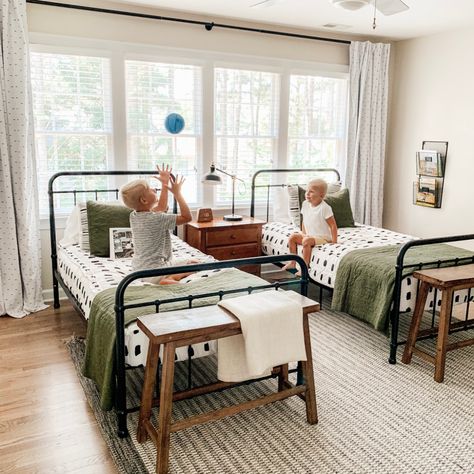 Shared boys room reveal. This is a budget-friendly, kid-friendly, classy space perfect for brothers. 2 Full Size Beds In One Room, Boy Shared Bedroom Ideas, 2 Boys Room Ideas, Shared Boys Room Different Ages, Bedroom For 2 Boys, Shared Boys Room, Shared Boys Rooms, Boys Shared Bedroom, Instagram Boys