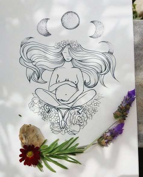 I love 'soft' edginess of this sketch, with the moons and the womb. Creative Chakra, Pregnancy Tattoo, Girl Power Tattoo, Birth Art, Pregnancy Art, Sacred Feminine, Leggings With Pockets, Prenatal, Dreamcatcher Tattoo