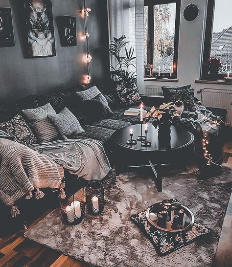 What Are The Different Styles Of Decor, Black Walls House, Black House Living Room, Boho Goth Living Room, Room With Black Walls, Black Wall Living Room, Witchy Apartment, Goth Living Room, Black Living Room Ideas