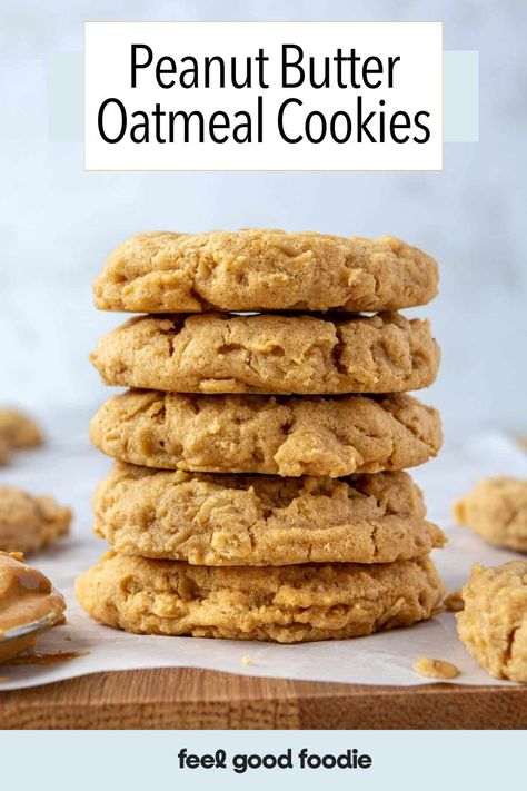 Peanut butter lovers will love these Peanut Butter Oatmeal Cookies! Crispy on the edges and soft in the middle, these cookies are packed with wholesome oats and peanut buttery flavor. Making these PB oatmeal cookies is fast and easy, too. The dough mixes up quickly with a stand mixer, and after just a few minutes in the oven, these peanut butter oatmeal cookies are ready to eat! Oatmeal Peanut Butter Cookies, Oatmeal Cookies Recipes Easy, Oatmeal Peanut Butter, Butter Oatmeal Cookies, Oatmeal Cookies Easy, Cookie Recipes Chewy, Vegan Peanut Butter Cookies, Peanut Butter Oats, Vegan Oatmeal