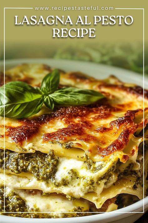 This Lasagna al Pesto is a flavorful twist on the classic Italian dish, featuring layers of creamy pesto béchamel sauce, a rich cheese mixture, and tender lasagna noodles. It’s the perfect comforting meal that brings fresh basil pesto into every bite, delivering a delightful herby, cheesy experience. Gourmet Lasagna Recipe, No Tomato Lasagna Recipe, Spanakopita Lasagna, Lasagna Pesto, Pesto Chicken Lasagna, Pesto Lasagna Recipe, Chicken Pesto Lasagna, Lasagna Ideas, Lasagne Pesto